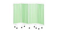 Portable Four-Panel Privacy Screen – Green PVC Wipe-Clean Curtain – White Epoxy-Coated Frame with Swivel Castors – Folds Flat