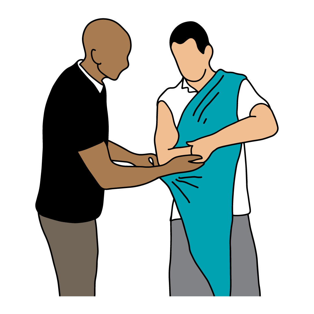 Before putting on a triangular bandage sling, ask the casualty to support their immobilised or injured arm with their other hand.