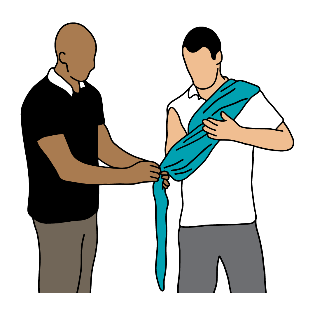 Fold the outer side of the bandage up over the forearm to meet the top of the bandage at the shoulder of the injured side.