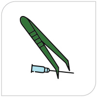 Illustration of tweezers and a needle: A pair of green tweezers next to a syringe, indicating safe handling of sharp objects.