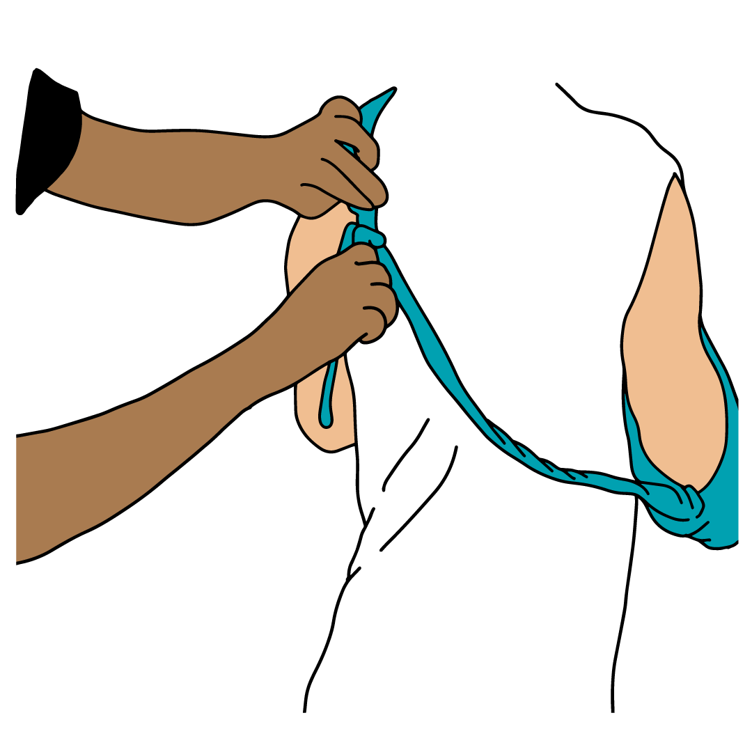 Tie the two ends of the bandage together in a reef knot about the collar bone of the injured side—tuck in the loose ends of the bandage.