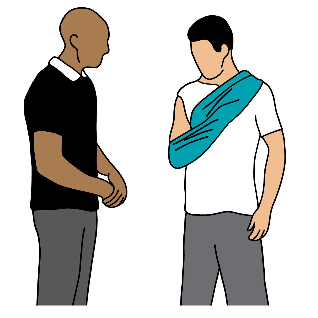 Gently adjust the sling to support the casualty's arm from the elbow to the tip of their little finger.