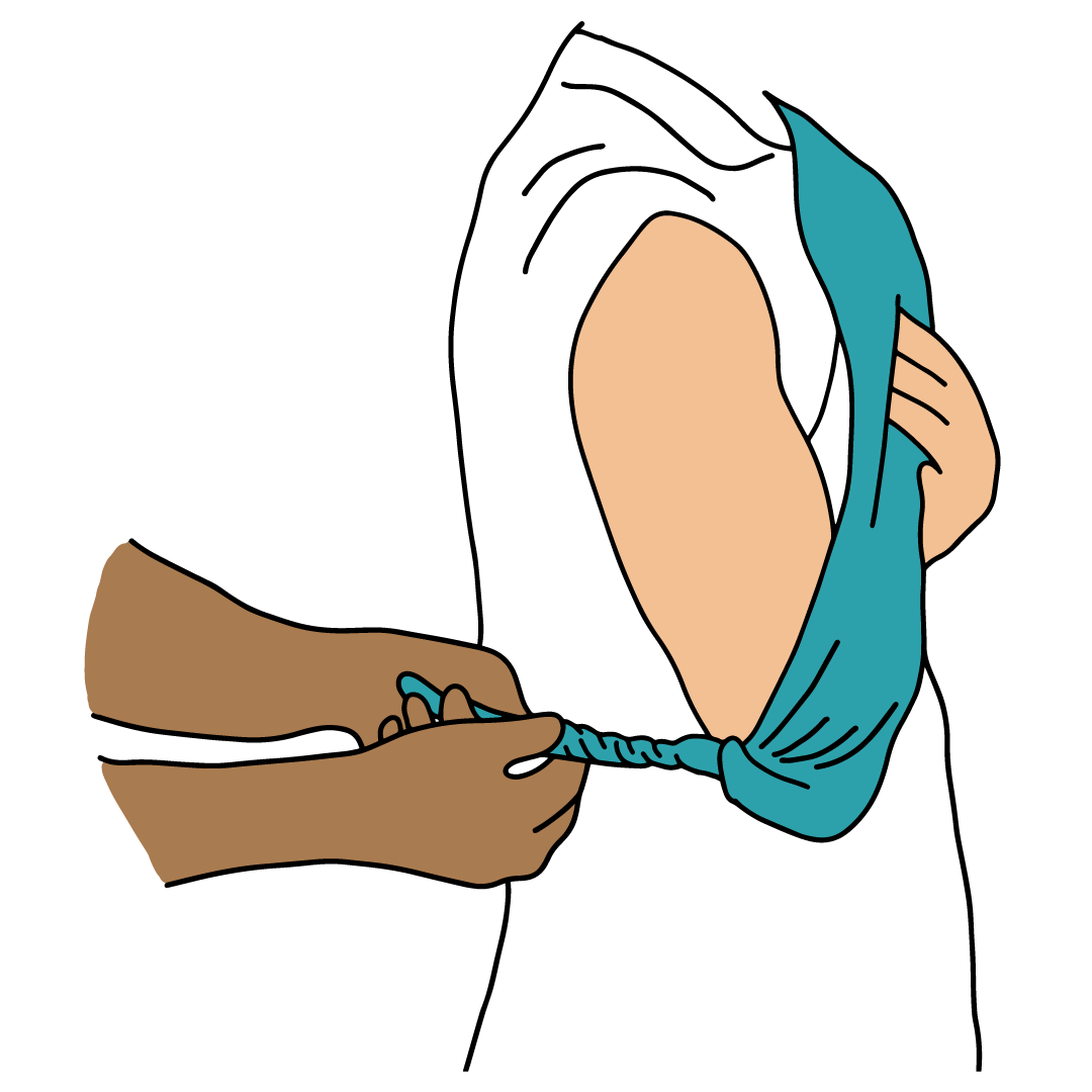 Secure the outer edge of the bandage by the elbow by twisting the excess fabric, either tucking it in or using a safety pin to fasten it in place safely.