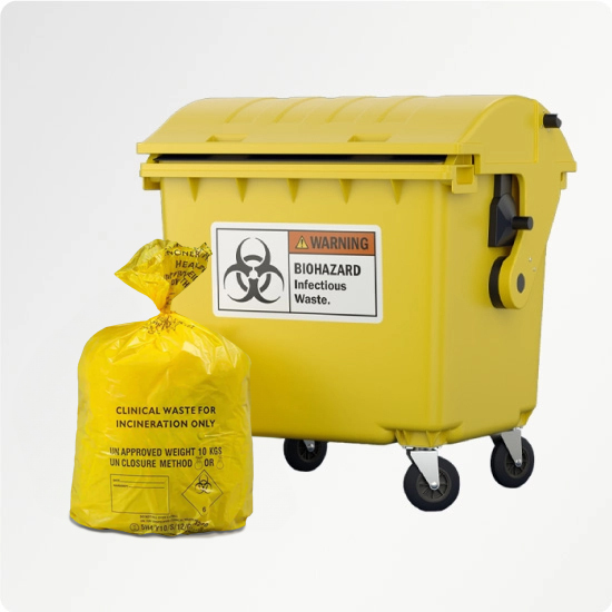 Biohazard Bags infront of Biohazard Bin
