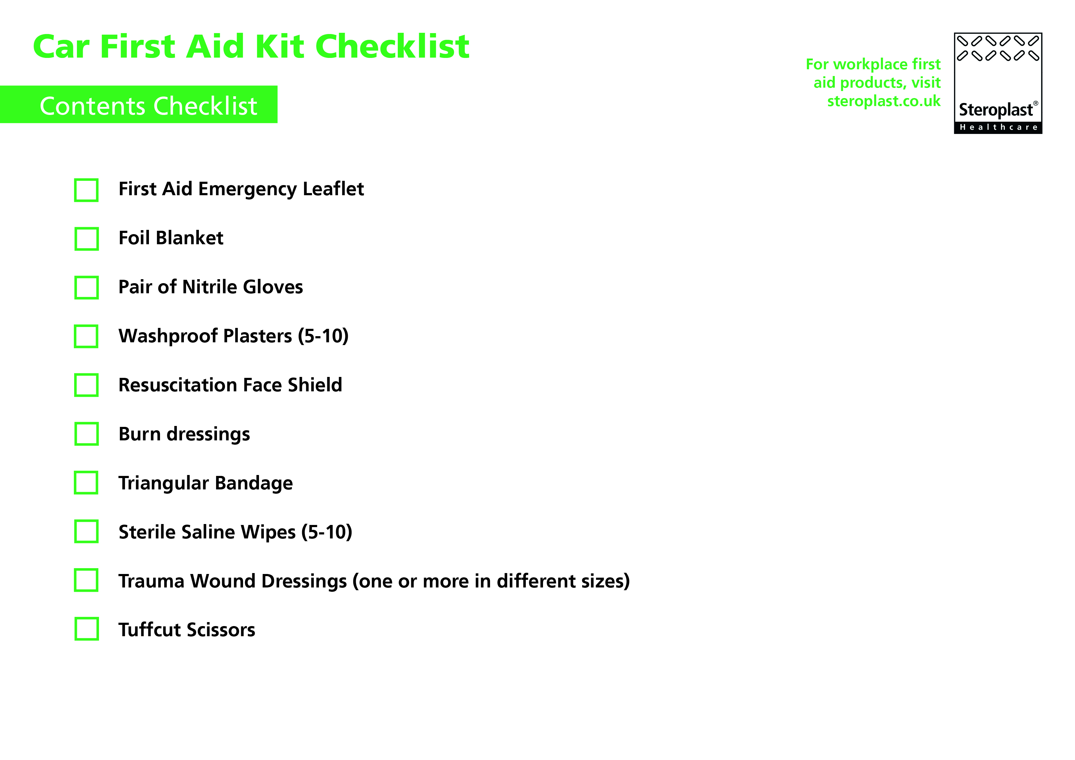 Car First Aid Kit Checklist