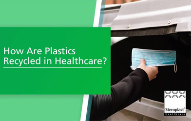 A healthcare worker's hand placing a disposable face mask into a recycling bin, with the title 'How Are Plastics Recycled in Healthcare?' on a green background.