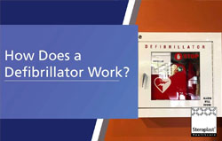 A banner featuring a defibrillator cabinet with an AED inside, set against an orange background. The text on a blue background reads, 