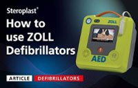 Steroplast article cover titled 'How to Use ZOLL Defibrillators' displaying a green ZOLL AED defibrillator with a screen and attached pads.