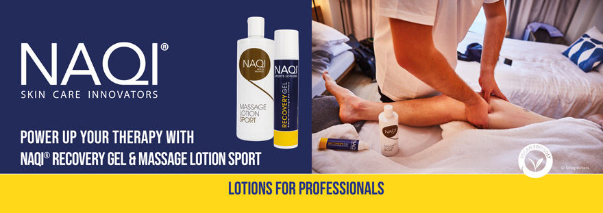 NAQI massage Lotion and NAQI Recovery gel being advertised in a banner