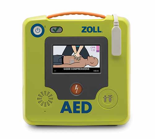 ZOLL AED 3 device with a screen showing CPR instructions and feedback for chest compressions, designed to guide users in providing effective CPR during emergencies.
