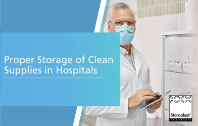 A healthcare professional wearing a face mask and lab coat, standing near storage shelves, holding a clipboard. The banner reads 'Proper Storage of Clean Supplies in Hospitals' on a light blue background.