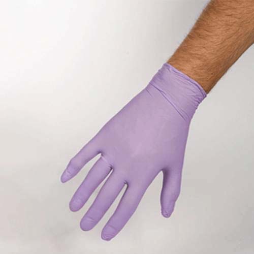 A hand wearing a single-use purple nitrile glove, demonstrating flexibility and durability.