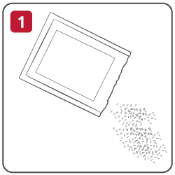 Illustration of a sachet being emptied, scattering granules onto a surface, labelled with the number 1 in a red box.
