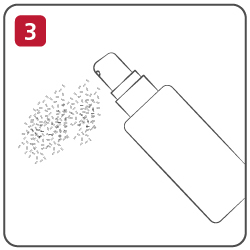 Illustration of a spray bottle being used to disinfect the area, with droplets spraying out, labelled with the number 3 in a red box.