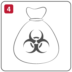 Illustration of a sealed biohazard bag with the biohazard symbol printed on it, labelled with the number 4 in a red box.