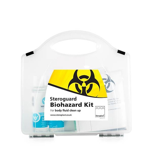 Steroguard Bio-Hazard Spill Kit in a compact, sealed container with a prominent yellow biohazard symbol and details about its safe disposal system.
