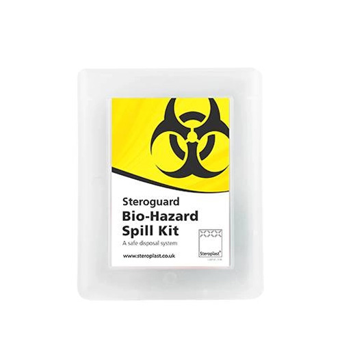 teroguard Bio-Hazard Spill Kit in a compact, sealed container with a prominent yellow biohazard symbol and details about its safe disposal system.