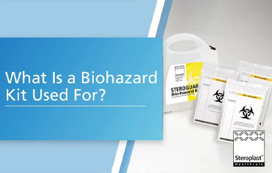 Image of a Steroguard Biohazard Kit and its contents, including biohazard-labelled disposal bags, next to a blue banner reading 'What Is a Biohazard Kit Used For?' and the Steroplast logo.