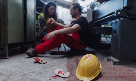 Woman is helping her colleague after accident in factory. First aid support on workplace concept.