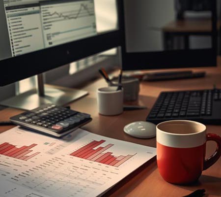 Wooden desk with data charts