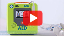 Thumbnail of the ZOLL AED 3 device showing a CPR instruction screen, part of a basic training video on AED operation and usage.