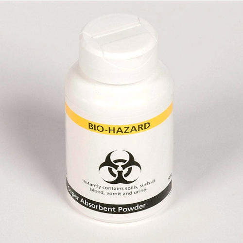 White plastic bottle labelled 'Bio-Hazard Super Absorbent Powder,' featuring a biohazard warning symbol and text indicating it is used to contain spills such as blood, vomit, and urine.