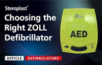 "Steroplast article cover titled 'Choosing the Right ZOLL Defibrillator' featuring a yellow ZOLL AED defibrillator.