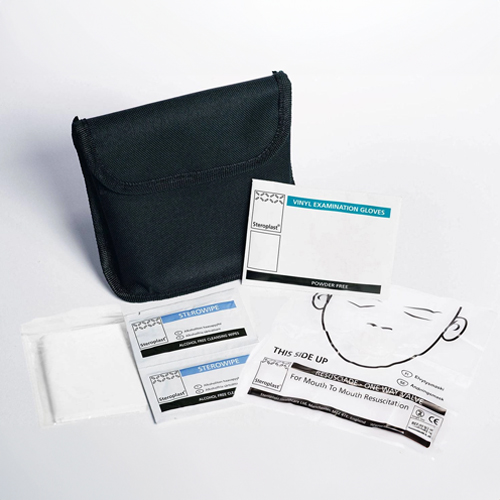 A compact resuscitation kit displayed with contents including vinyl gloves, Sterowipe packets, and a resuscitation face shield, alongside a black carrying pouch