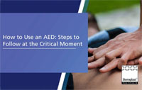 Steroplast article cover titled 'How to Use an AED: Steps to Follow at the Critical Moment' showing hands placing AED pads on a person's chest.