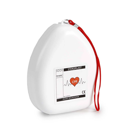 A white, egg-shaped CPR resuscitator case with a red carrying cord, labeled with the Steroplast logo and a heart graphic reading 