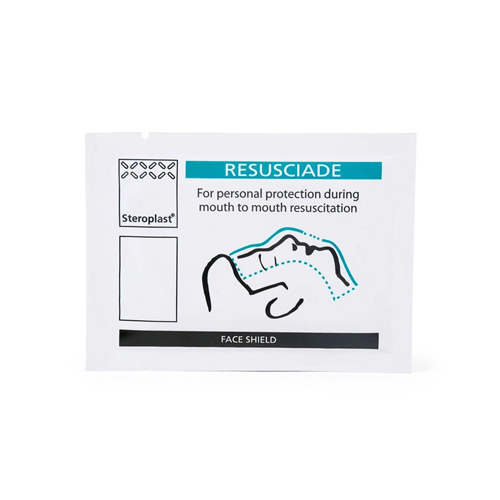 A sealed packet of a Steroplast Resusciade face shield, designed for personal protection during mouth-to-mouth resuscitation