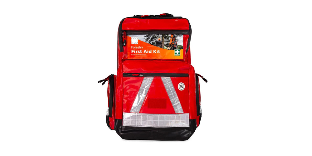 Red forestry first aid kit in a backpack style, with reflective elements and an orange label reading 'Forestry First Aid Kit.' The bag is designed for outdoor use in forestry and includes a white cross indicating first aid.