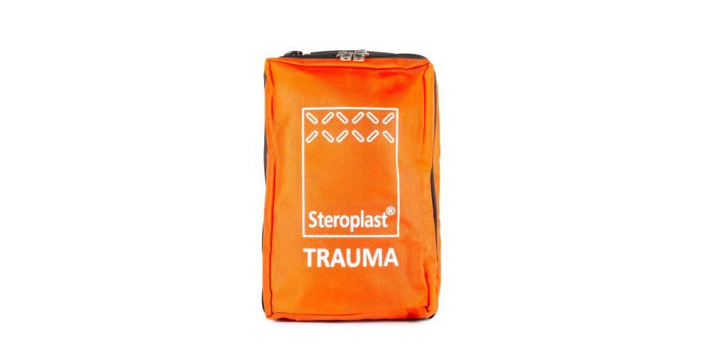 Bright orange trauma bag with the Steroplast logo and the word 'TRAUMA' printed in white on the front. The bag has a zippered top and is designed for emergency medical supplies.