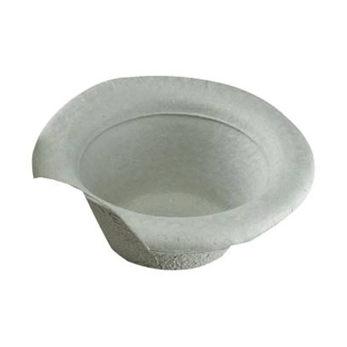 A single-use, grey, moulded papier-mâché bowl with a wide rim, designed for vomit collection.