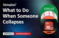 Steroplast article cover titled 'What to Do When Someone Collapses' with an image of a defibrillator in a green and red case.
