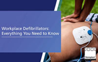 Steroplast article cover titled 'Workplace Defibrillators: Everything You Need to Know' showing AED pads on a person’s chest.
