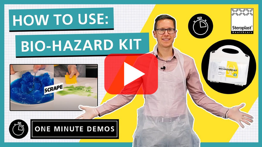 Thumbnail for a one-minute demo video on using a biohazard kit. Features a presenter wearing an apron, with a play button overlay, product images, and the text 'How to Use: Bio-Hazard Kit.' Includes visuals of the kit and steps such as scraping up spills, alongside the Steroplast Healthcare logo.